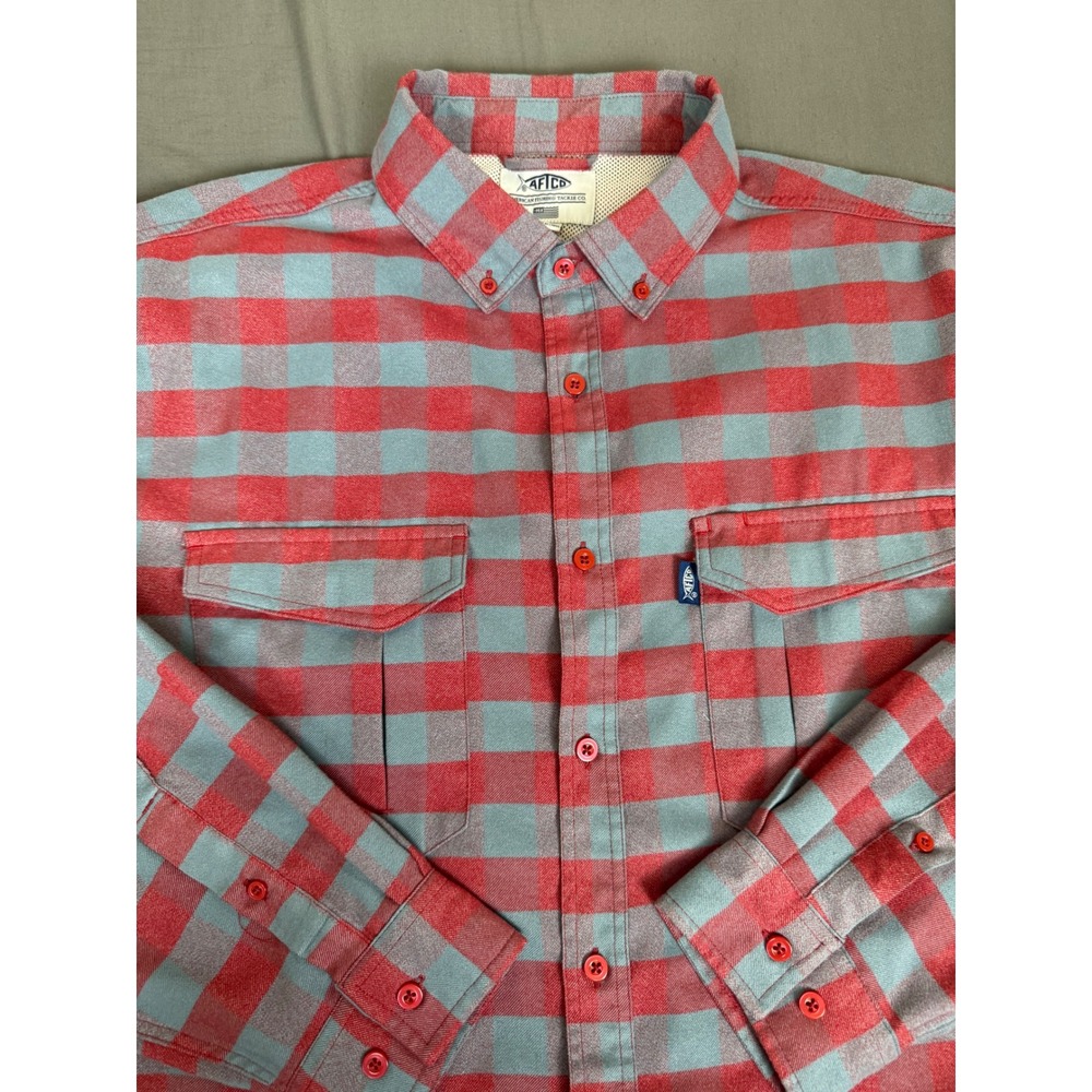 AFTCO AFTECH Mens L Red Blue Plaid Vented Fishing Shirt Long Sleeve Polyester